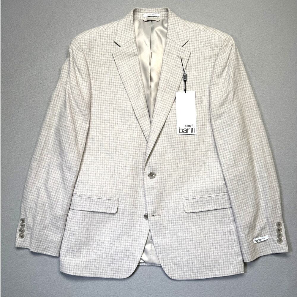 Bar III Men's Slim-Fit Linen Plaid Sport Coat Natural Grey 40R $295